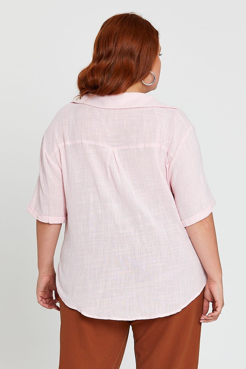 Pink V-neck Shirt Short Sleeve Textured - Image 5