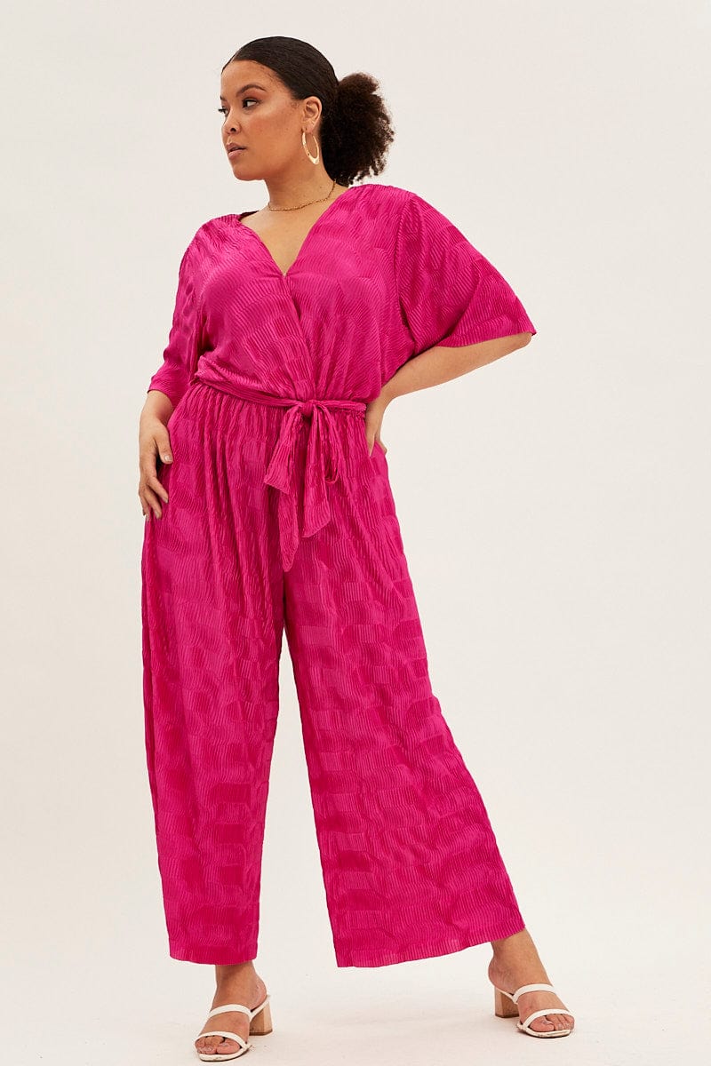 Pink Wide Leg Jumpsuit Plisse Short Sleeve - Image 3