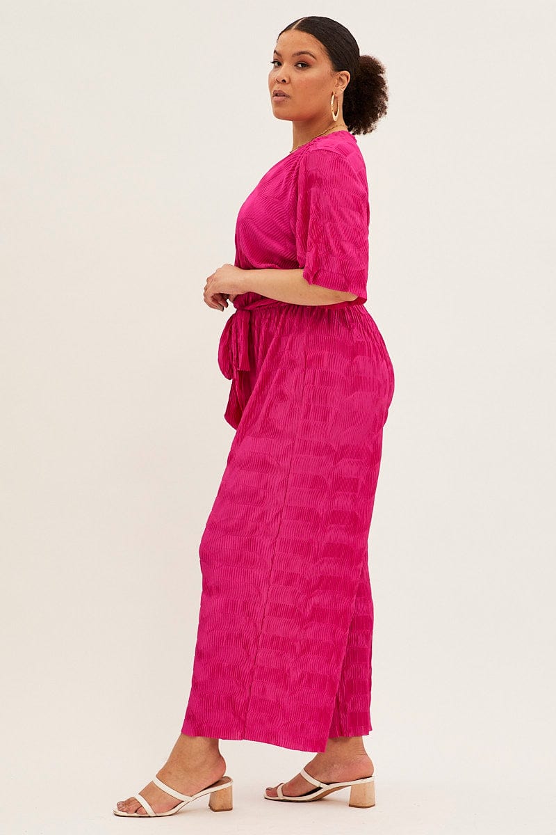 Pink Wide Leg Jumpsuit Plisse Short Sleeve - Image 4