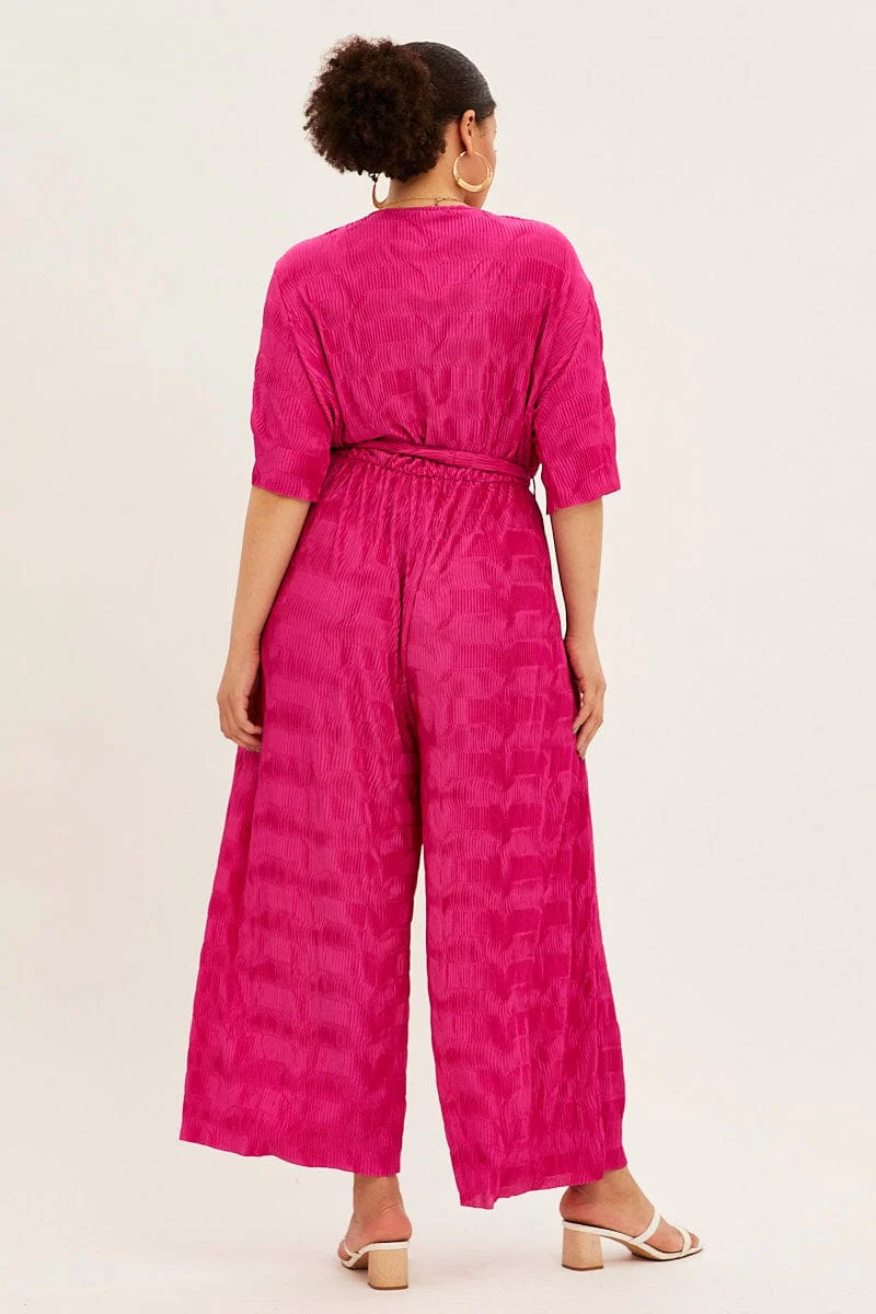 Pink Wide Leg Jumpsuit Plisse Short Sleeve - Image 5