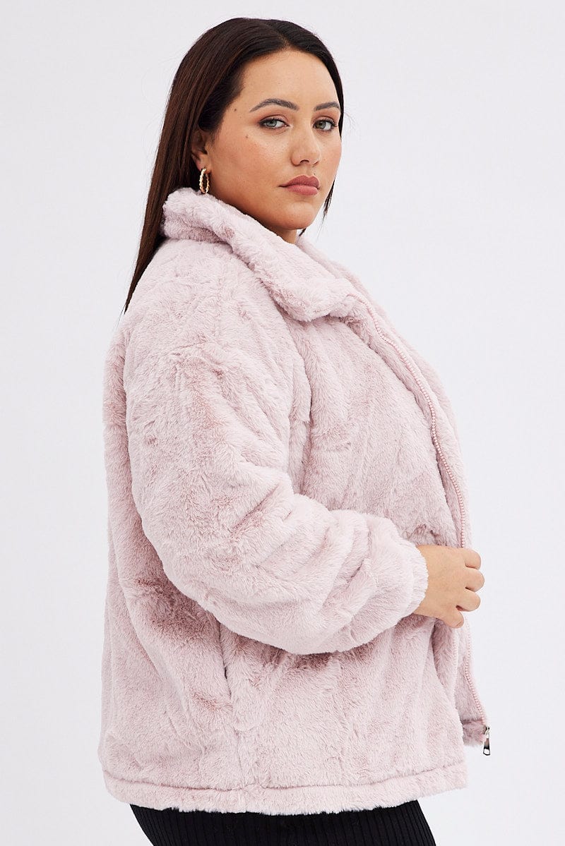 Pink Zip Jacket Lined Plush Faux Fur - Image 4
