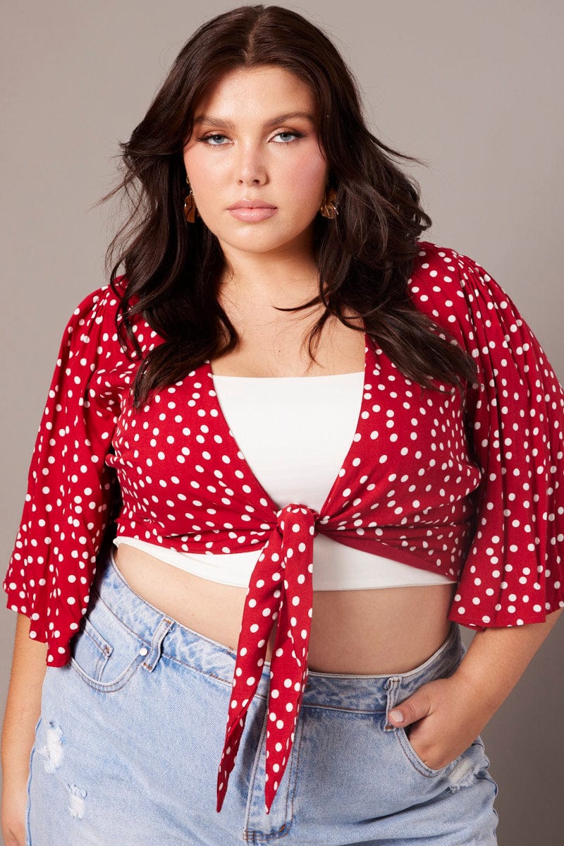 Polka Dot Crop Borelo Short Sleeve Tie Up - Image 3
