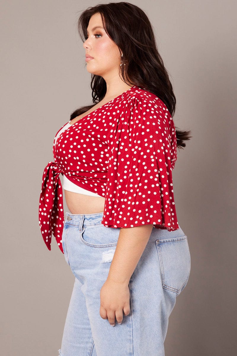 Polka Dot Crop Borelo Short Sleeve Tie Up - Image 4