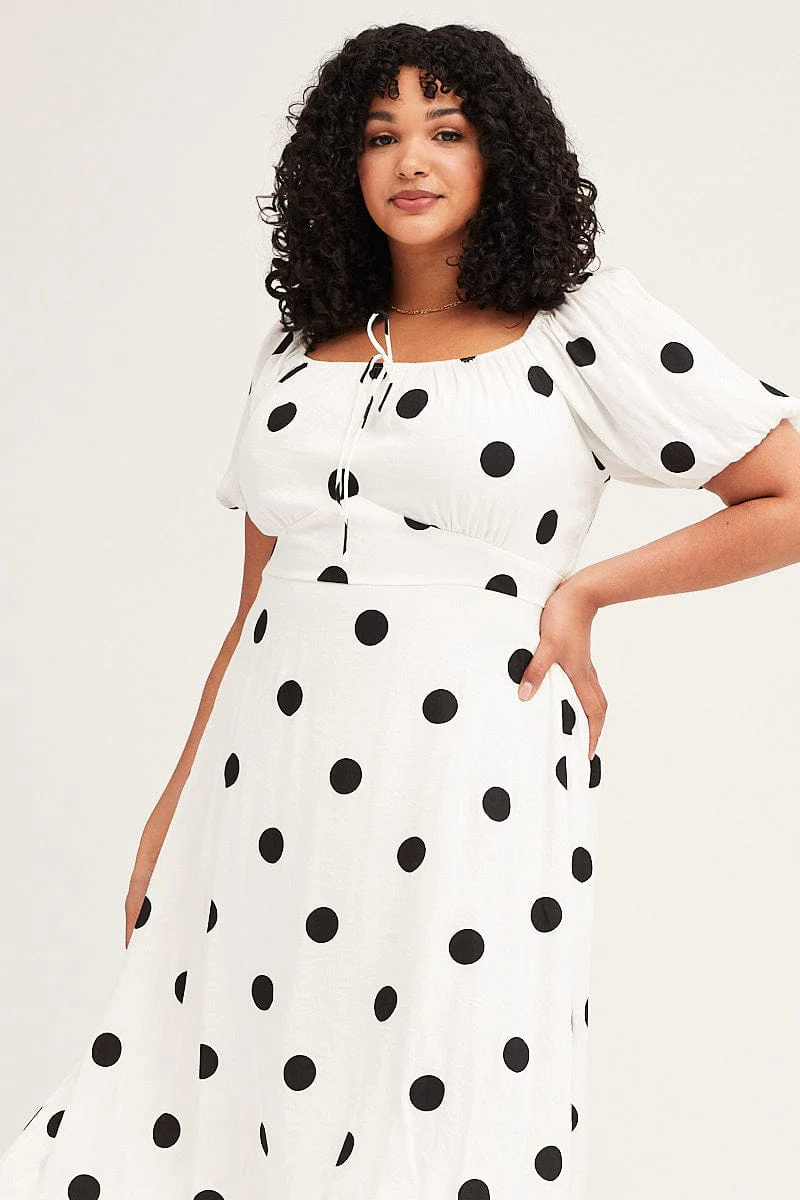 Polka Dot Midi Dress Square Neck Short Sleeve - Image 2