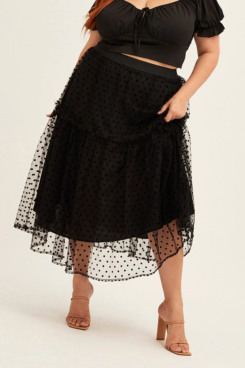 Polka Dot Midi Skirt Tulle Spot Elastic Waist Party - Image 2