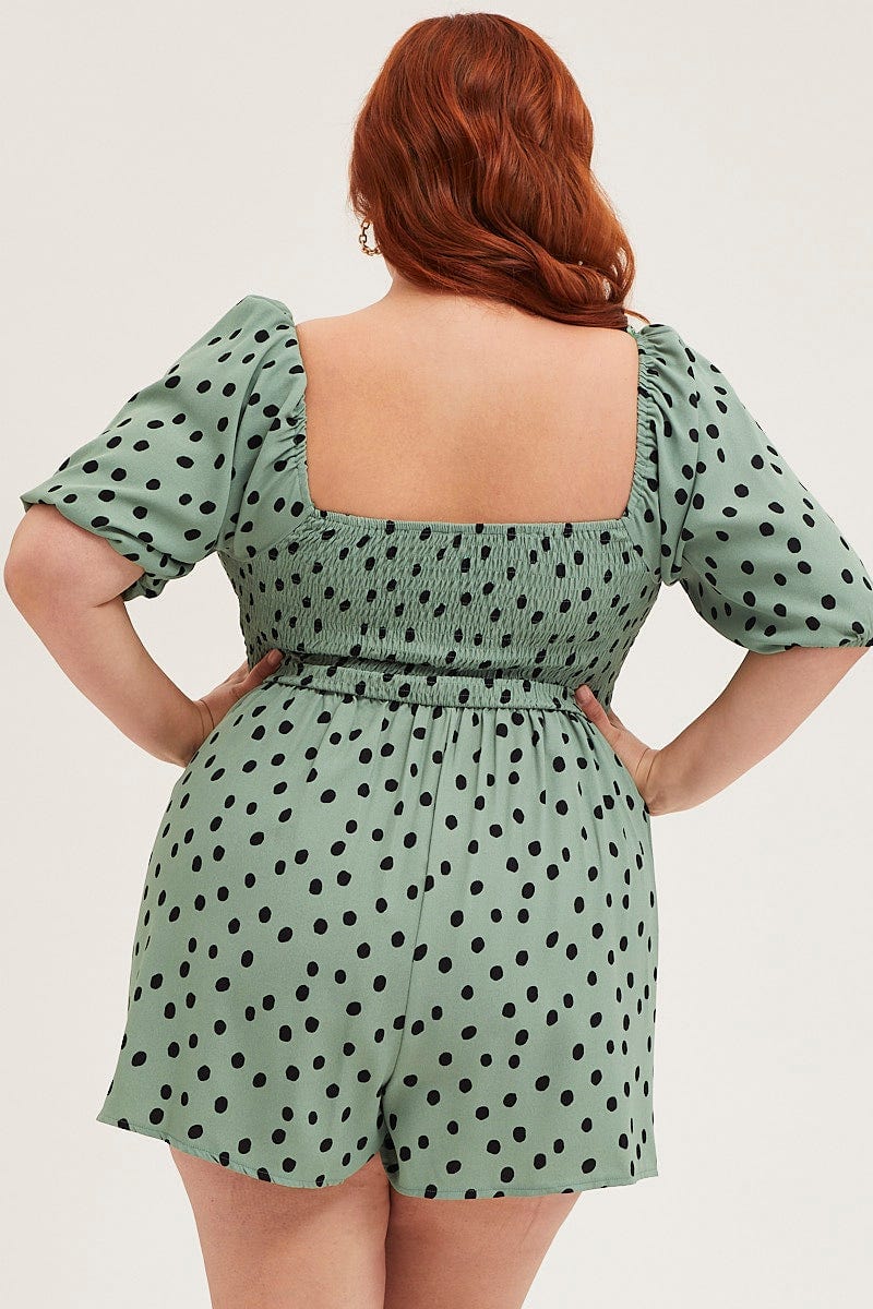 Polka Dot Puff Sleeve Playsuit Square Neck Shirred - Image 5