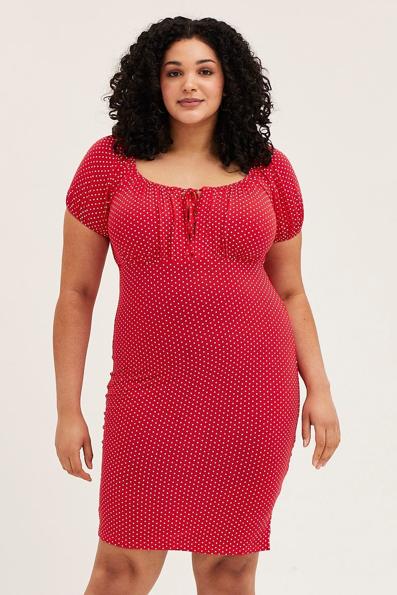 Polka Dot Short Puff Sleeve Red Spot Bodycon Dress - Image 3