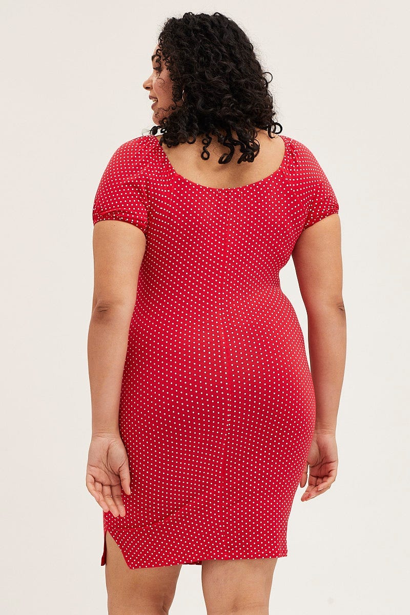 Polka Dot Short Puff Sleeve Red Spot Bodycon Dress - Image 5