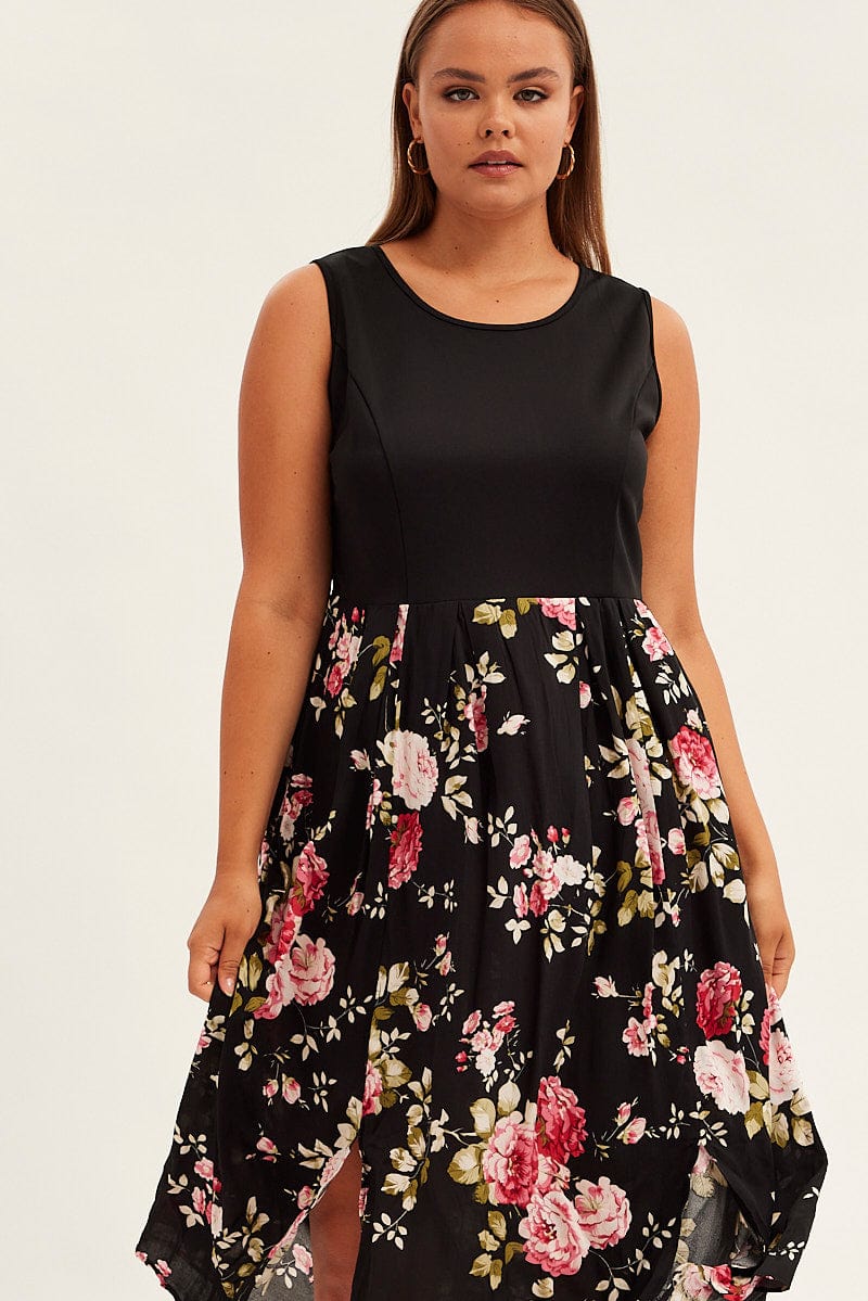 Print Cream Print Sleeveless Plain Bodice Long Dress - Image 2
