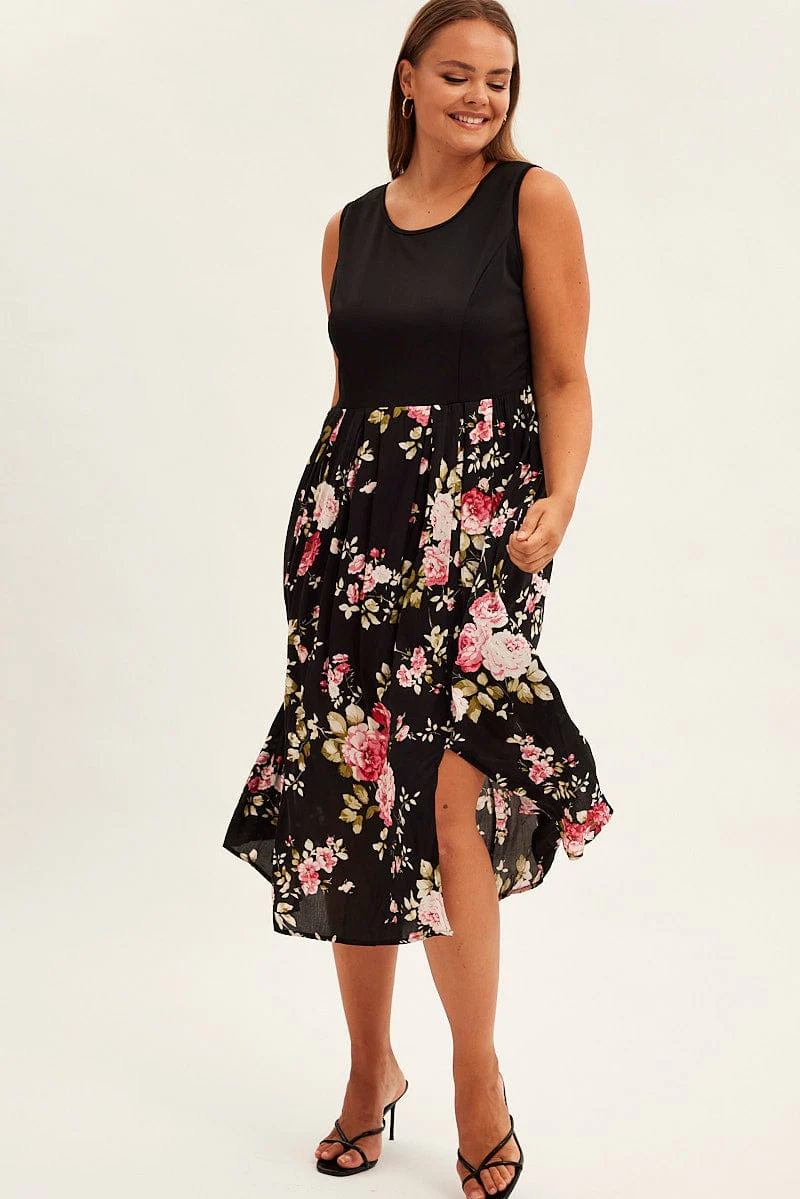 Print Cream Print Sleeveless Plain Bodice Long Dress - Image 3