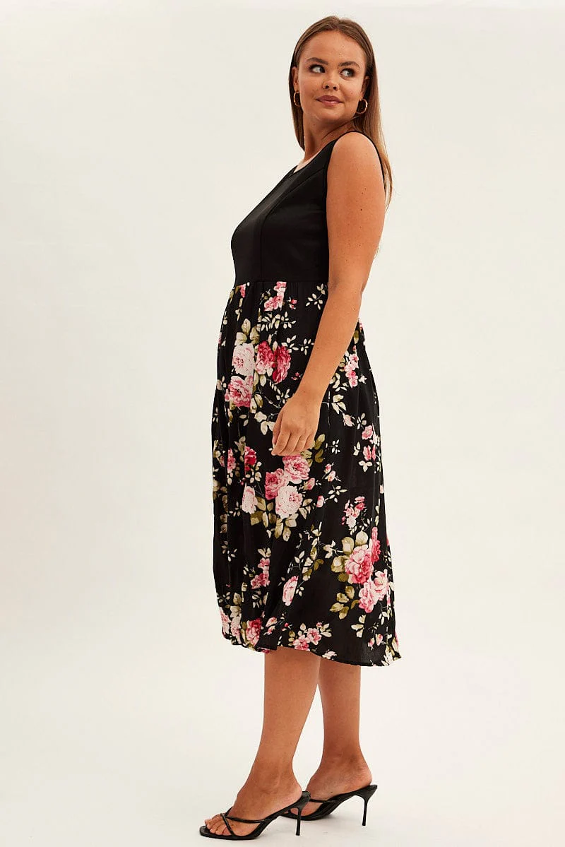 Print Cream Print Sleeveless Plain Bodice Long Dress - Image 4