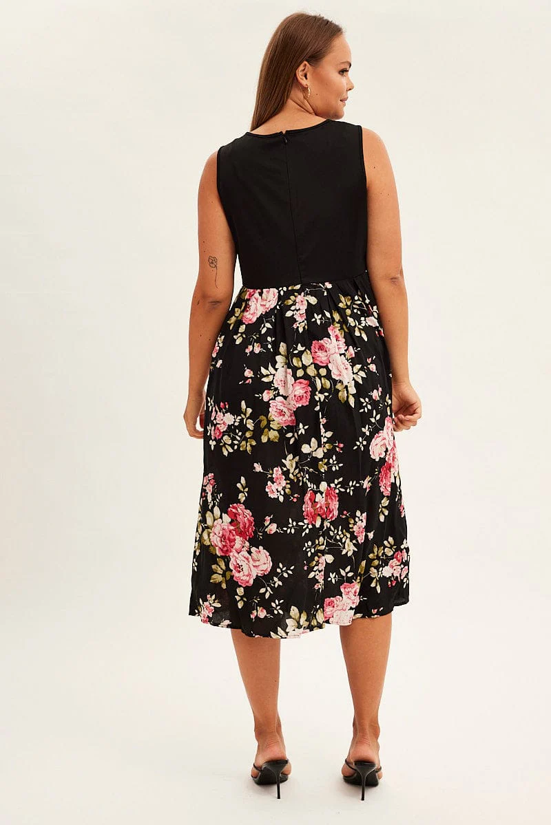 Print Cream Print Sleeveless Plain Bodice Long Dress - Image 5