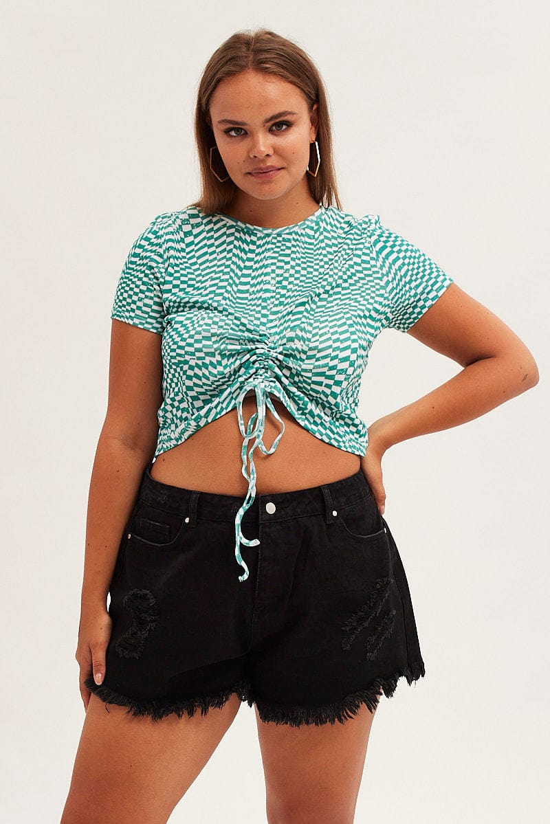 Print Crew Neck Short Sleeve Ruched Top - Image 3