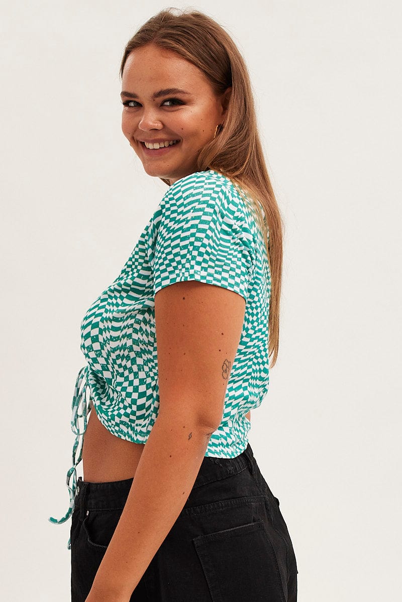 Print Crew Neck Short Sleeve Ruched Top - Image 4