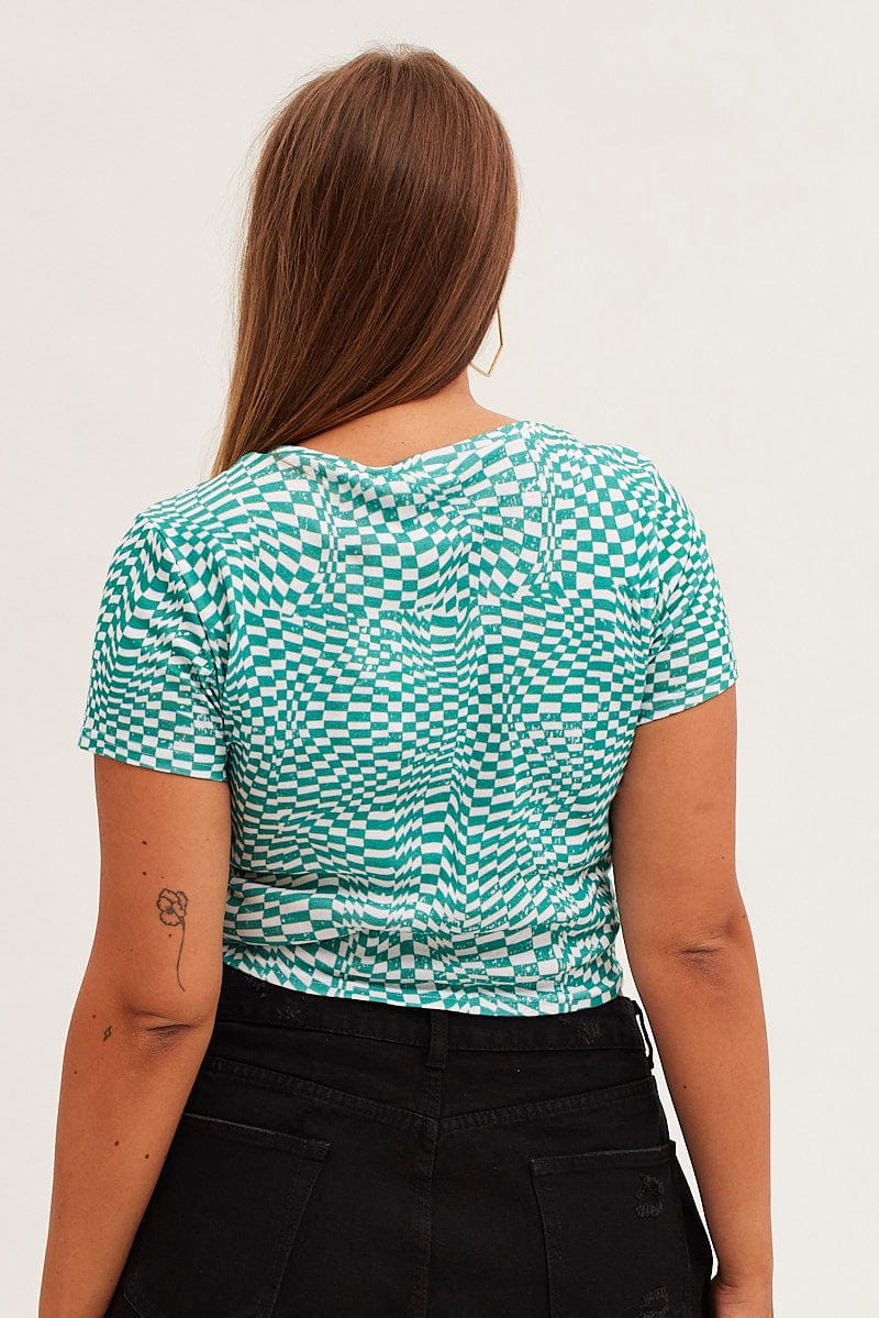 Print Crew Neck Short Sleeve Ruched Top - Image 5