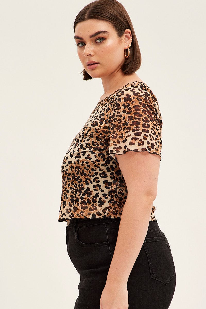 Print Crop Top Short Sleeve With Bralette Mesh - Image 4