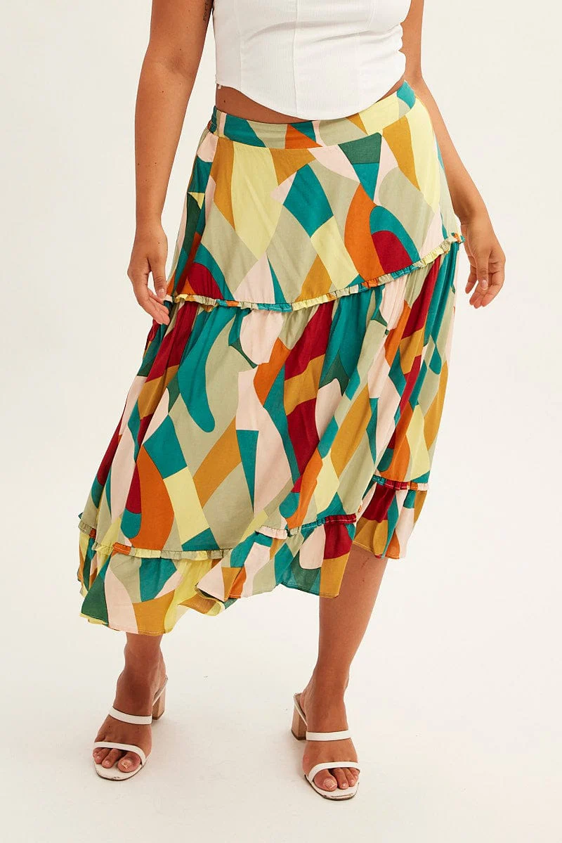Print Midi Skirt Frill Detail Rayon - Image 2