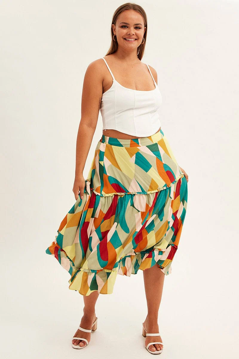 Print Midi Skirt Frill Detail Rayon - Image 3