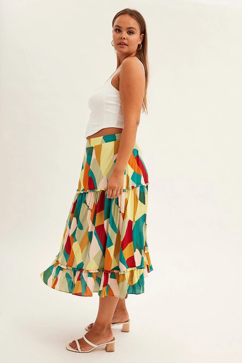 Print Midi Skirt Frill Detail Rayon - Image 4
