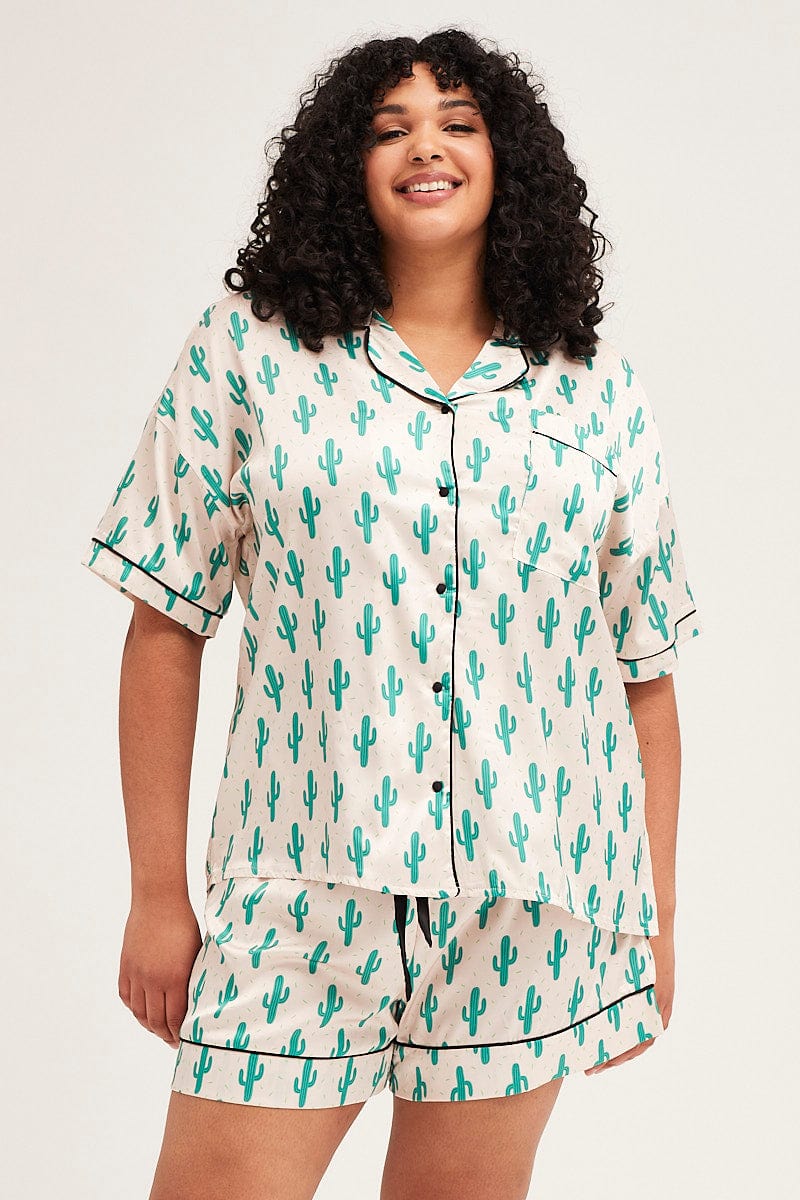 Print Pyjamas Set Short Sleeve Collared Shorts Satin - Image 3