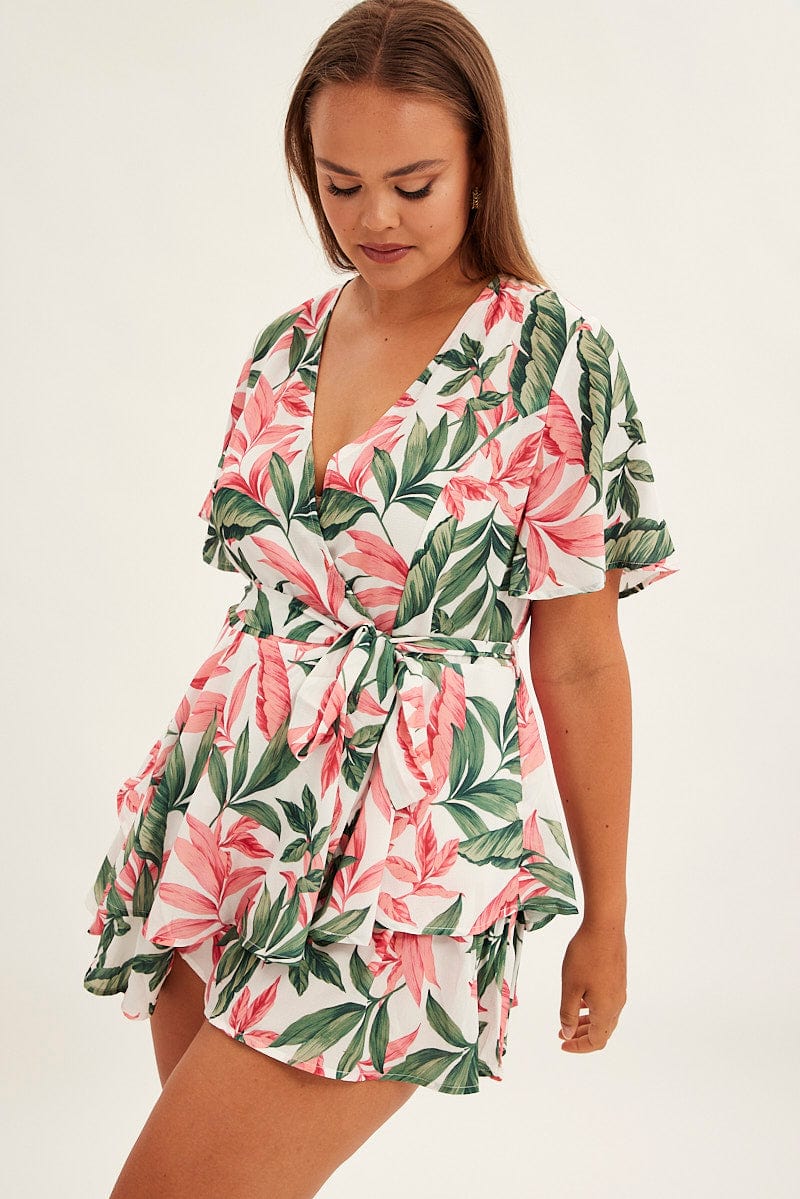 Print Short Playsuit Poly Crepe Flare Sleeve Tie Waist