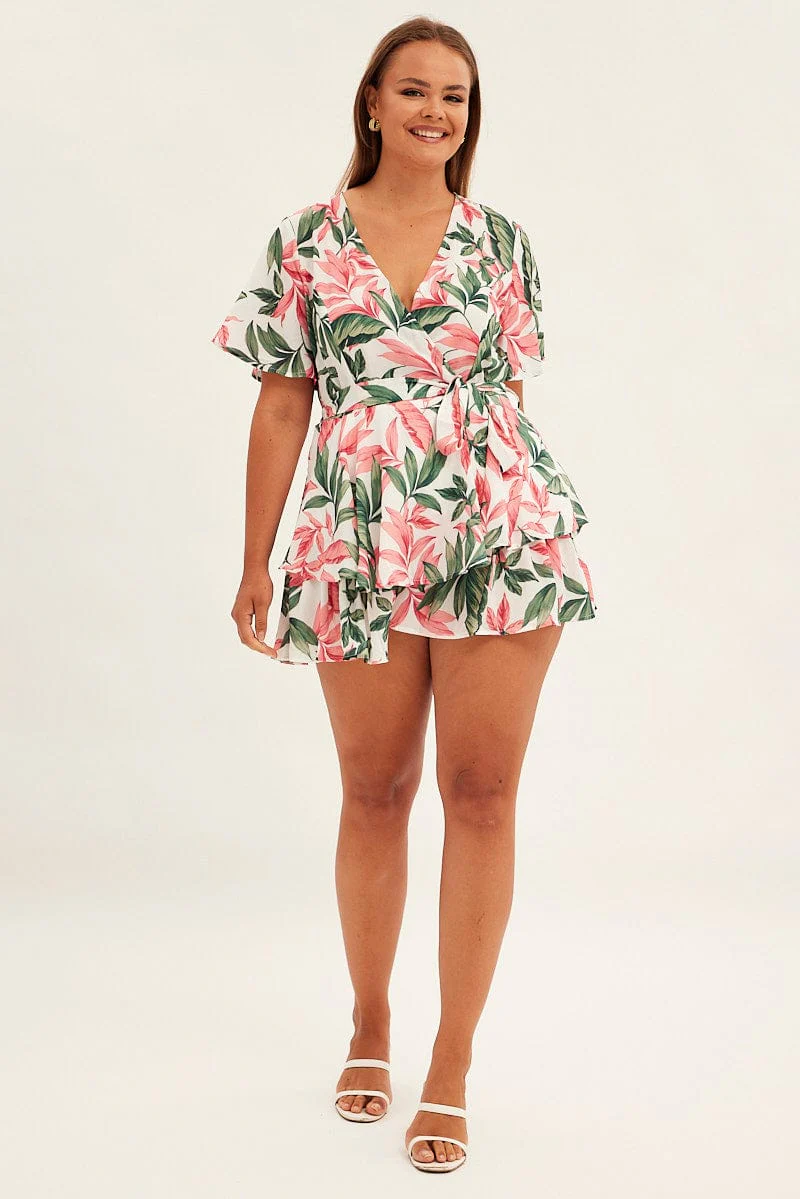 Print Short Playsuit Poly Crepe Flare Sleeve Tie Waist - Image 2