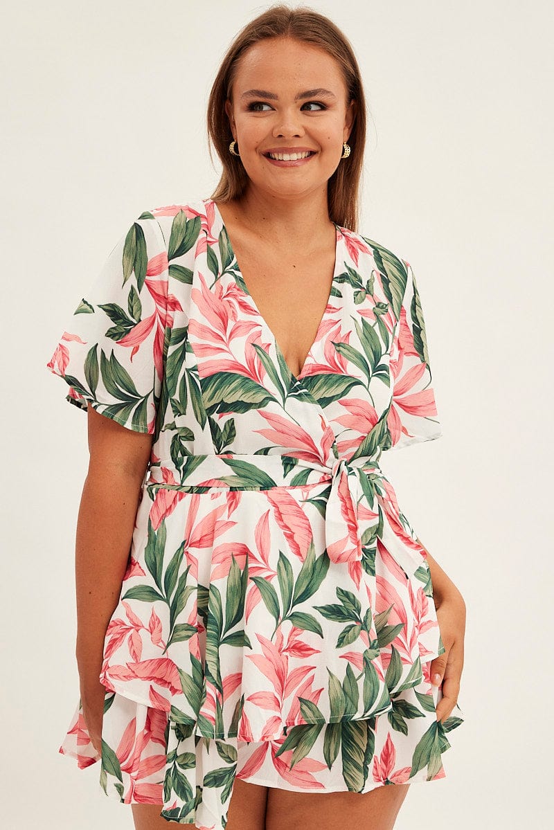 Print Short Playsuit Poly Crepe Flare Sleeve Tie Waist - Image 3