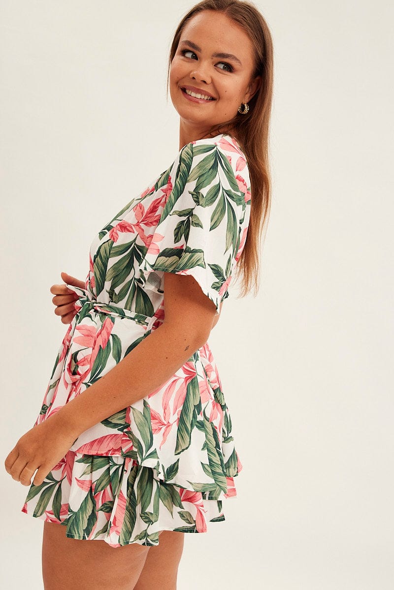 Print Short Playsuit Poly Crepe Flare Sleeve Tie Waist - Image 4