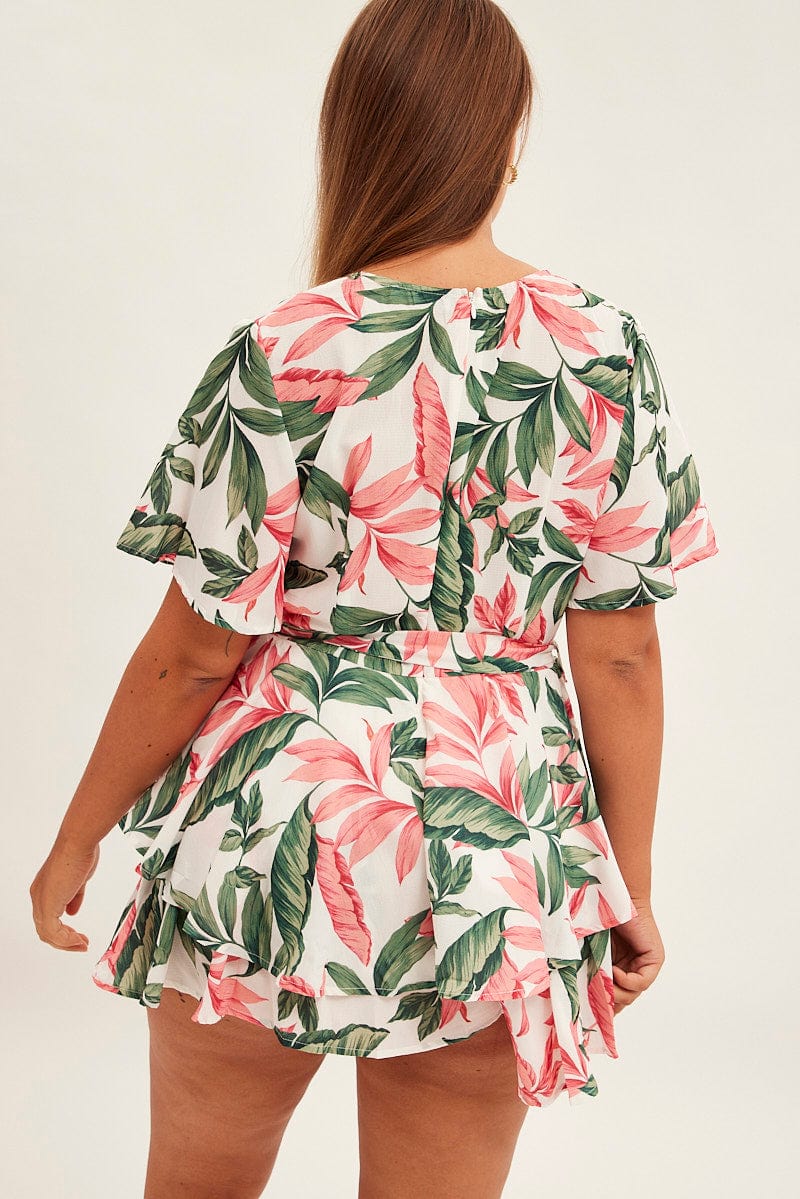 Print Short Playsuit Poly Crepe Flare Sleeve Tie Waist - Image 5