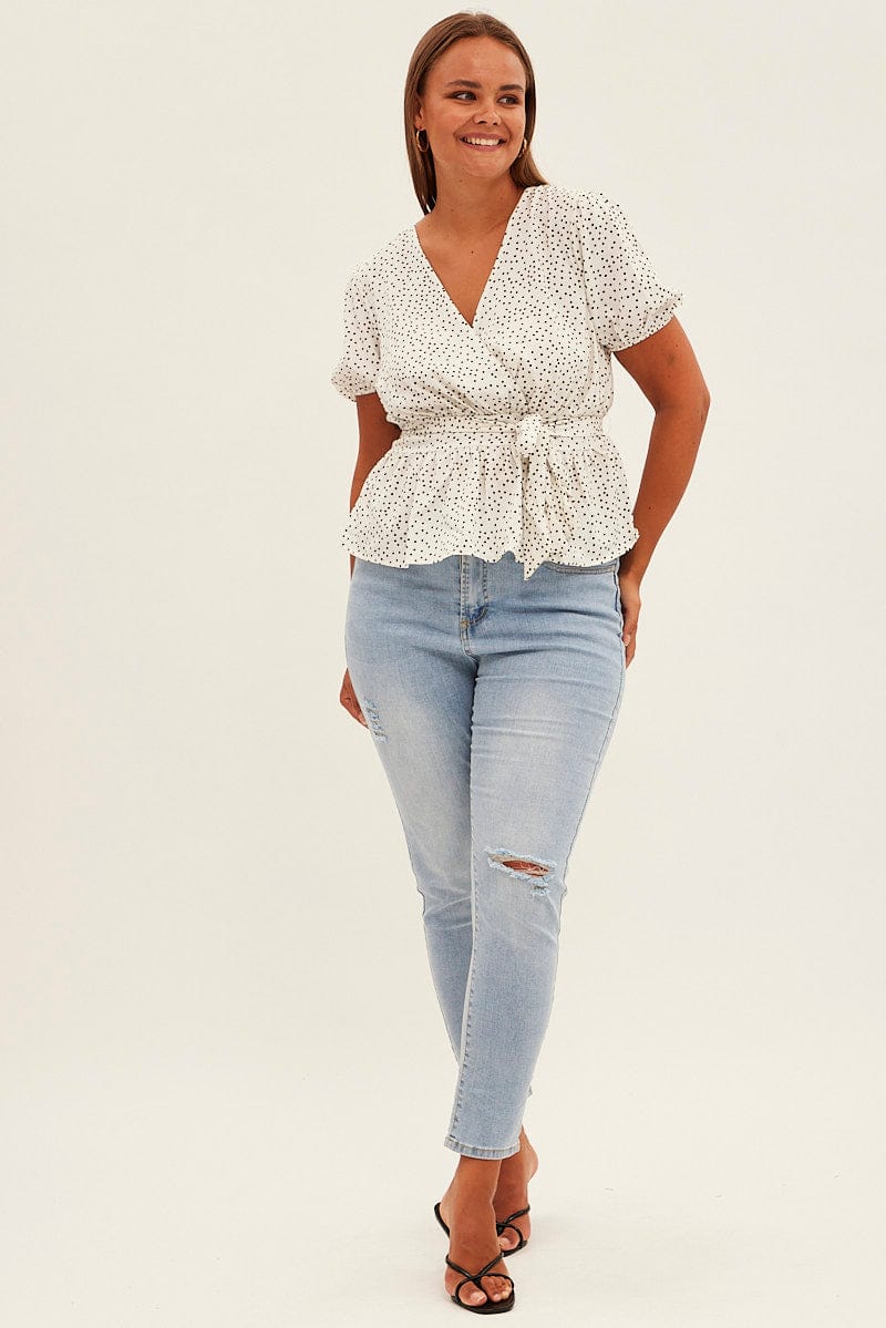 Print Workwear Top Short Sleeve Wrap Peplum - Image 2