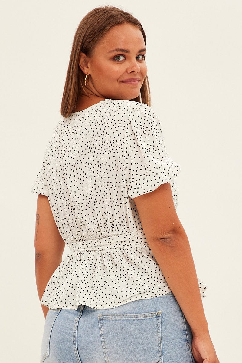 Print Workwear Top Short Sleeve Wrap Peplum - Image 5