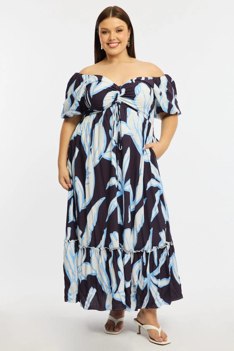 Purple Abstract Maxi Dress Short Sleeve Ruched Bust