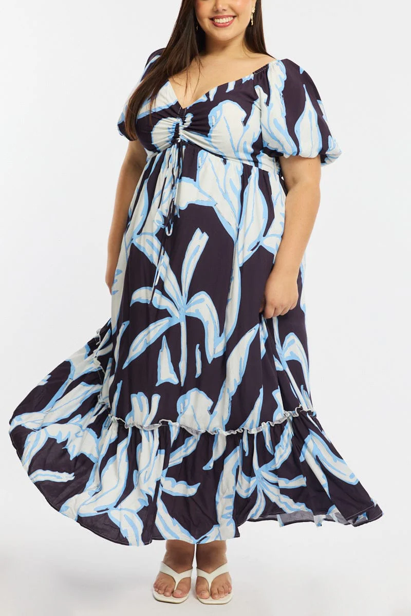 Purple Abstract Maxi Dress Short Sleeve Ruched Bust - Image 5