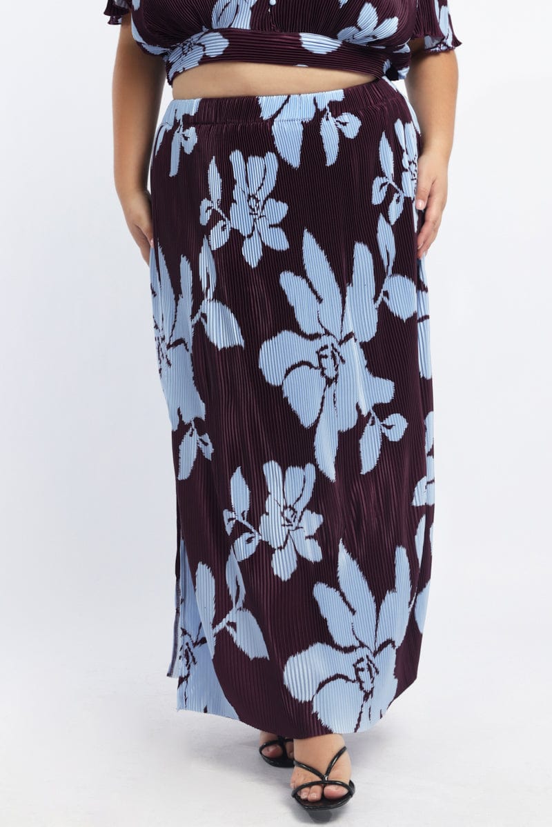 Purple Abstract Plisse Pleated Floral Print Maxi Skirt - Image 2