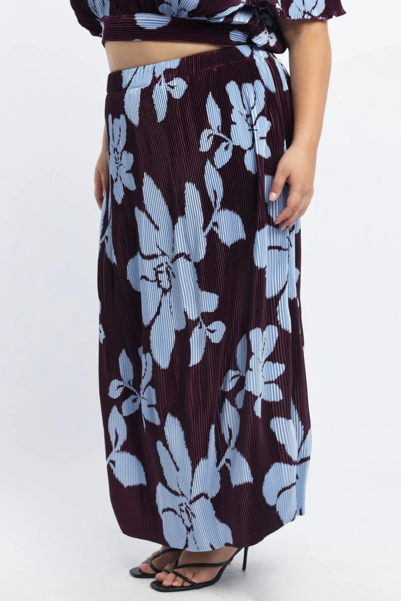 Purple Abstract Plisse Pleated Floral Print Maxi Skirt - Image 3