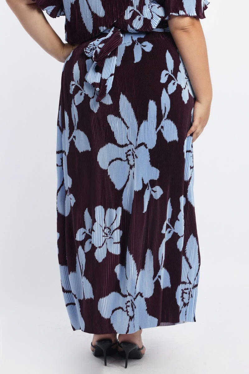Purple Abstract Plisse Pleated Floral Print Maxi Skirt - Image 4