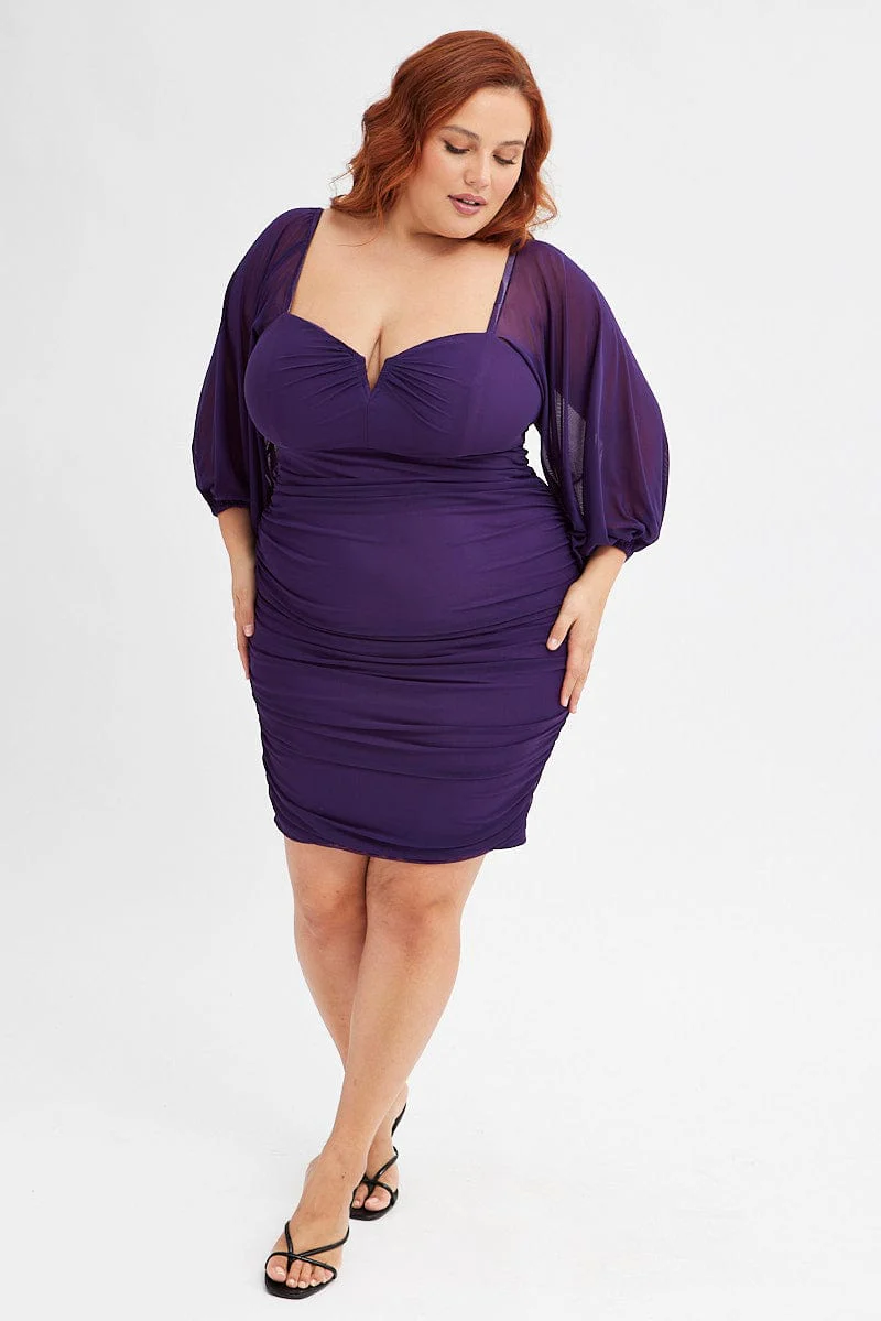 Purple Bodycon Dress Mesh Balloon Sleeve Ruched Mini - Image 2