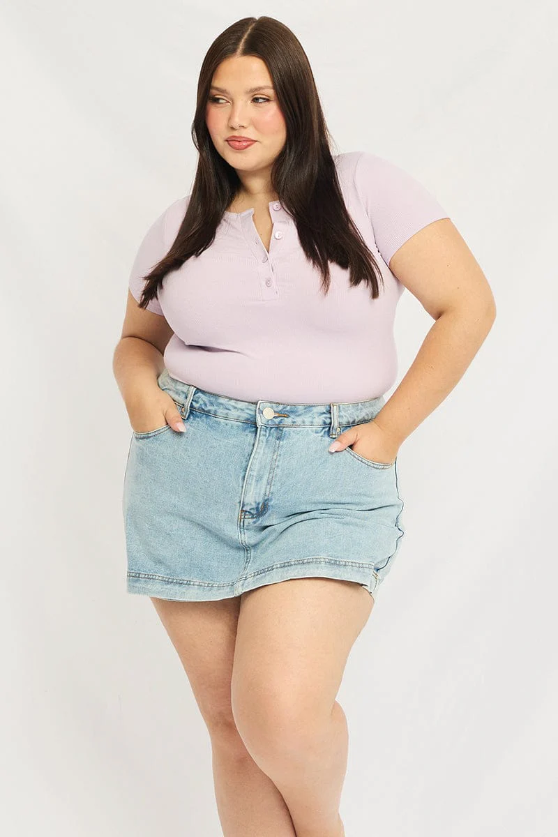 Purple Button Front Top Short Sleeve Rib