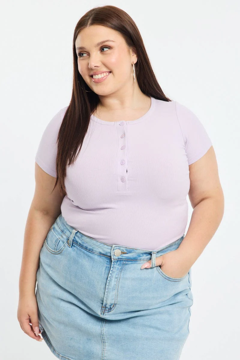Purple Button Front Top Short Sleeve Rib - Image 2