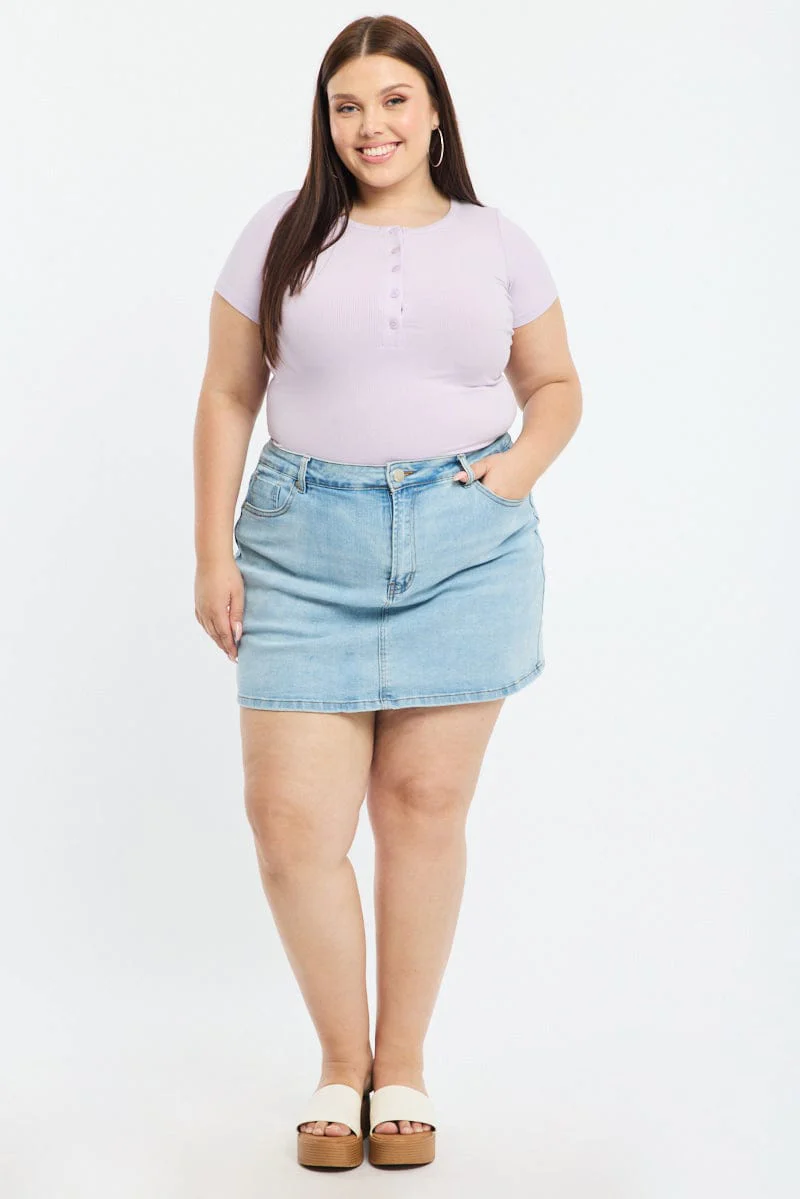 Purple Button Front Top Short Sleeve Rib - Image 3