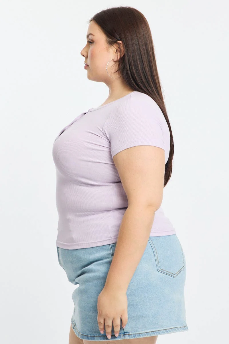 Purple Button Front Top Short Sleeve Rib - Image 4