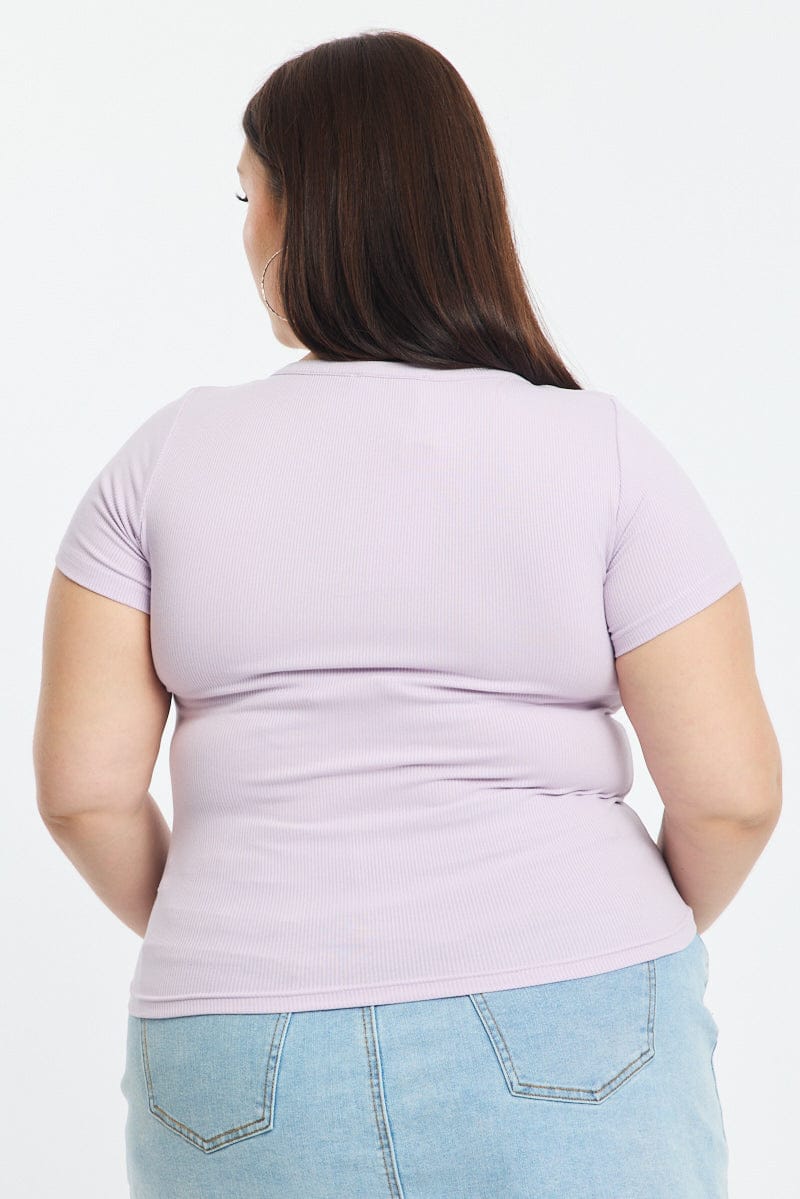Purple Button Front Top Short Sleeve Rib - Image 5