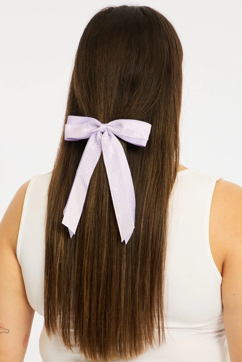 Purple Check Print Hair Bow - Image 2
