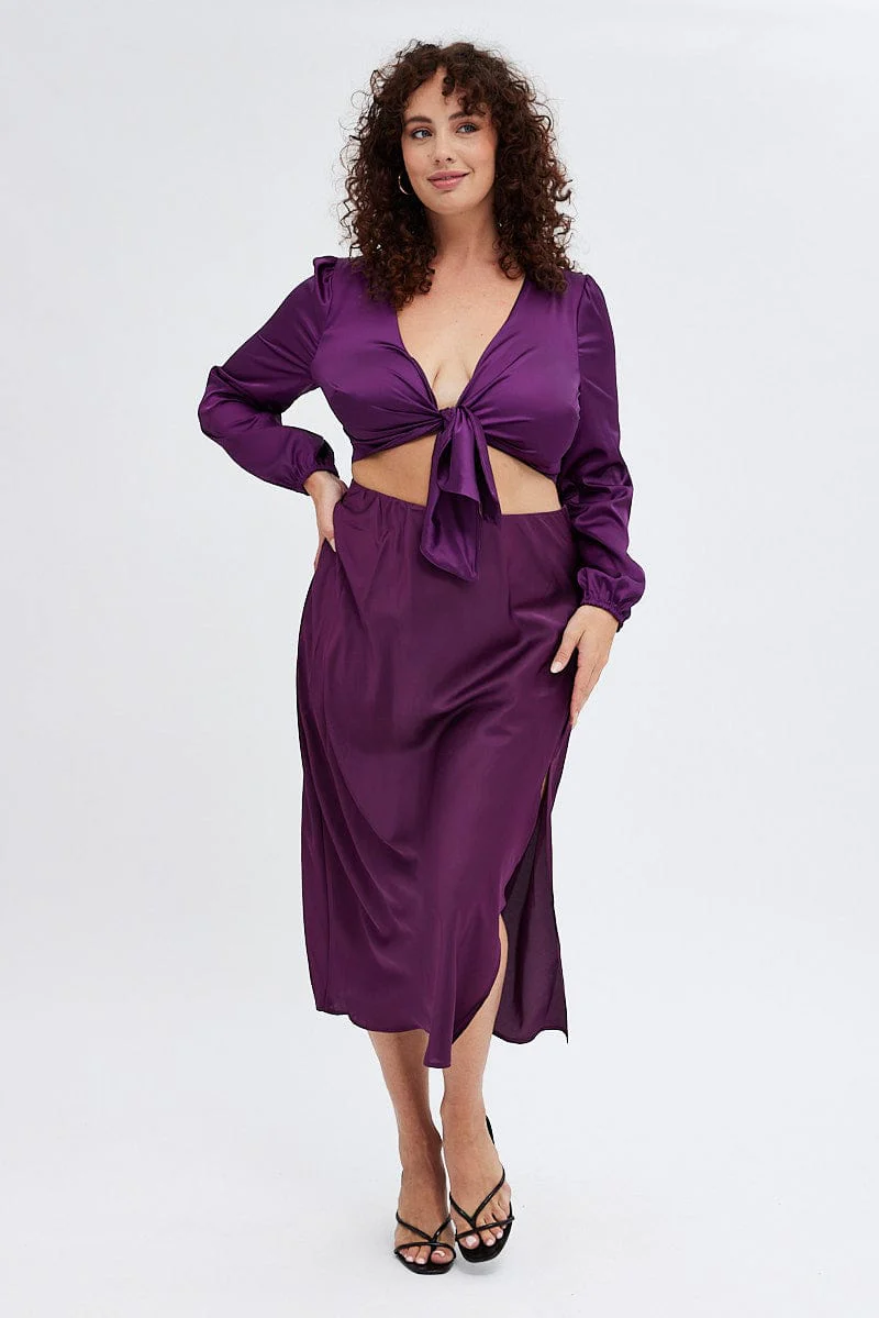 Purple Crop Top Long Sleeve Tie Front Satin - Image 3