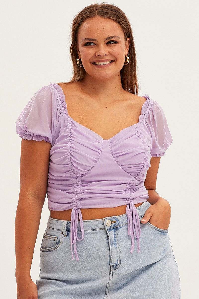 Purple Crop Top Short Sleeve Mesh Ruched - Image 3