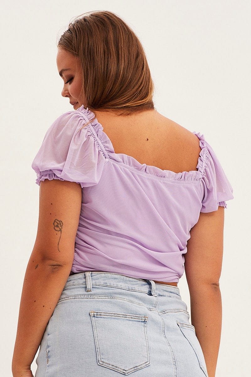 Purple Crop Top Short Sleeve Mesh Ruched - Image 5