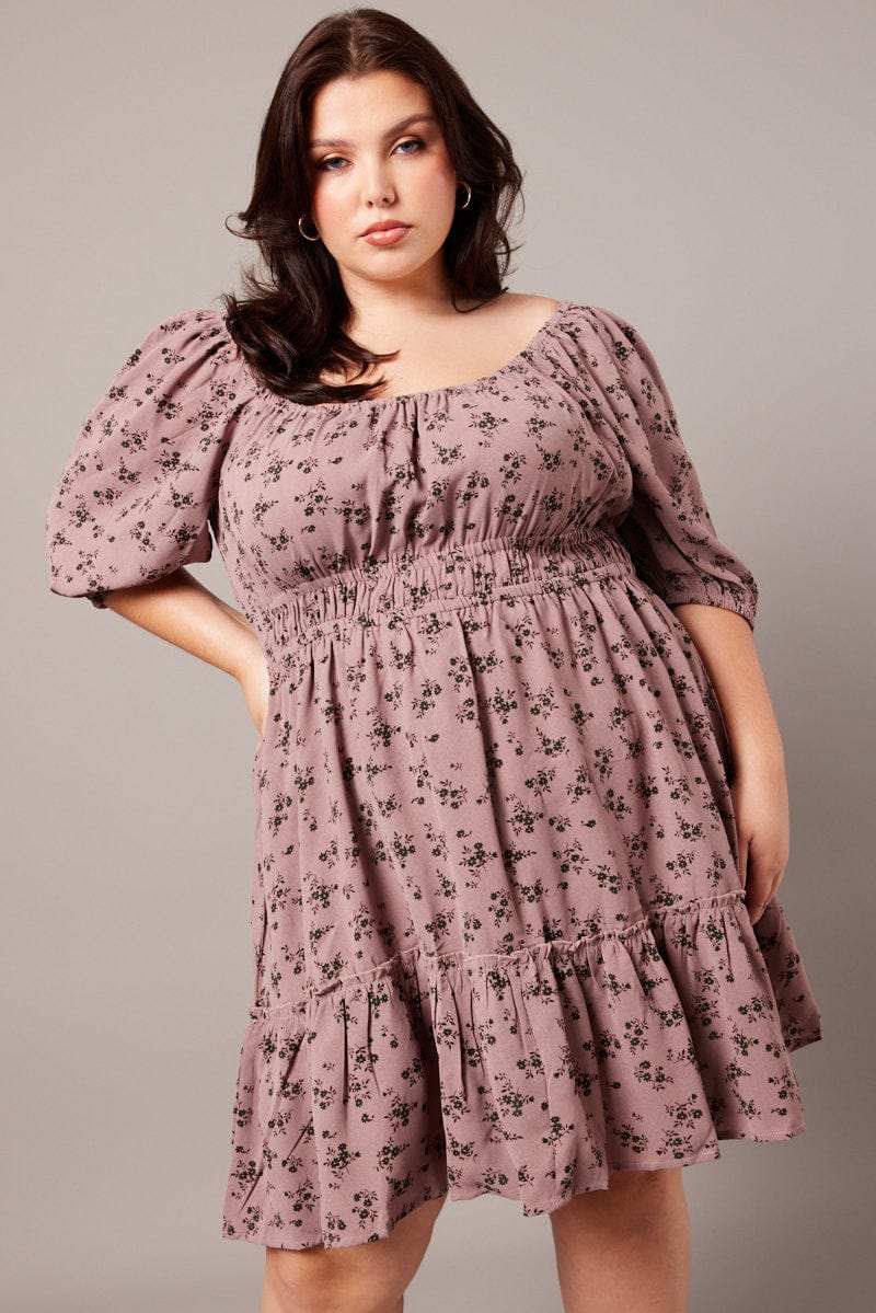 Purple Ditsy Gather Waist Minidress - Image 3