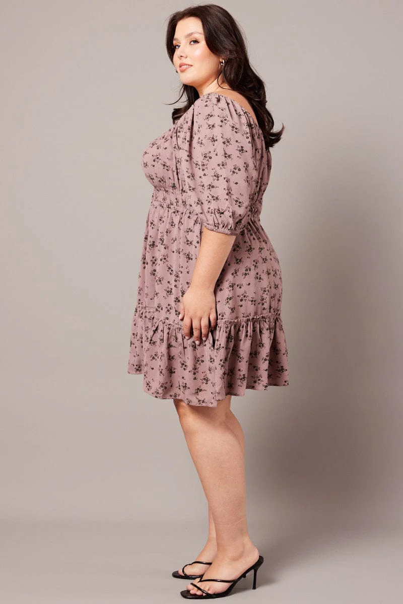 Purple Ditsy Gather Waist Minidress - Image 4