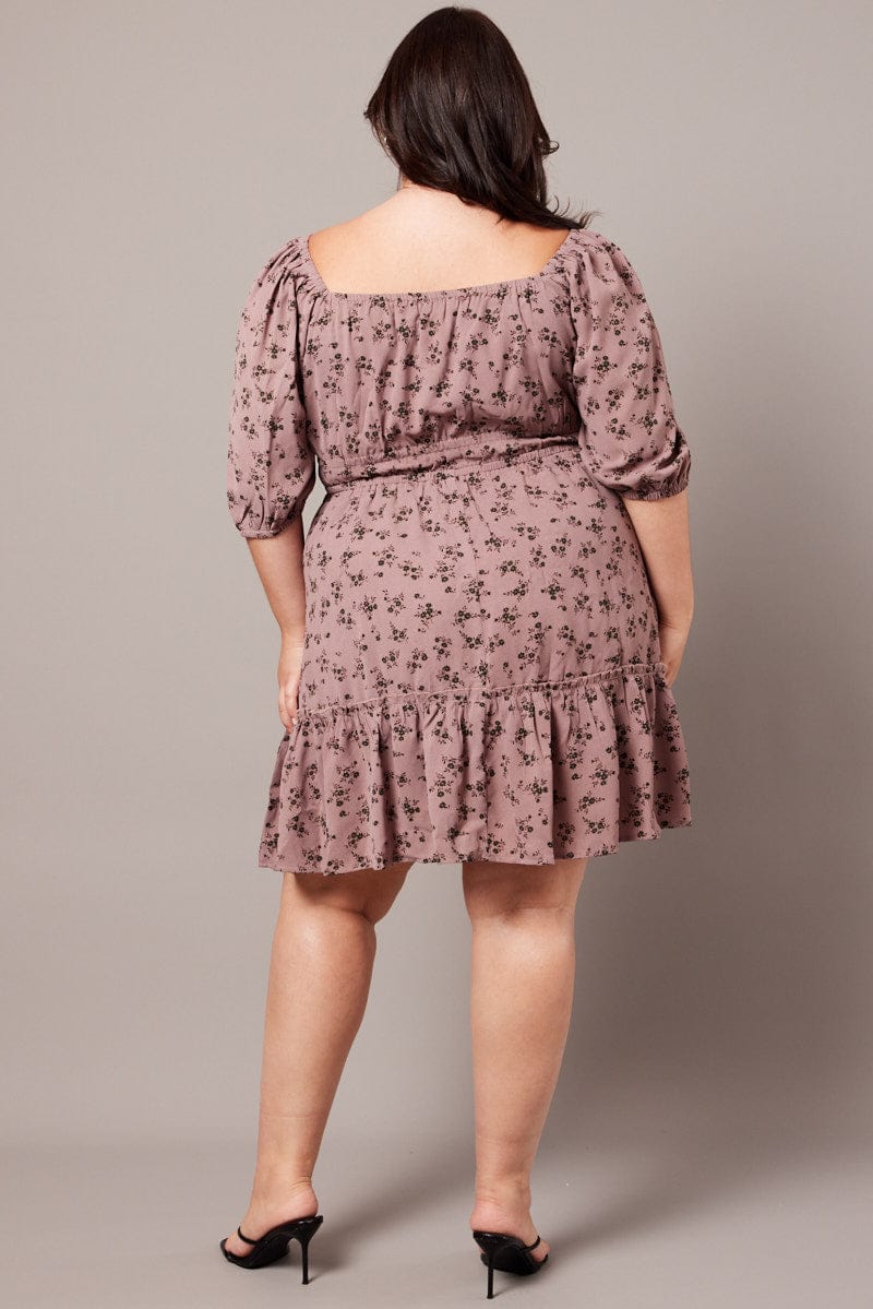 Purple Ditsy Gather Waist Minidress - Image 5