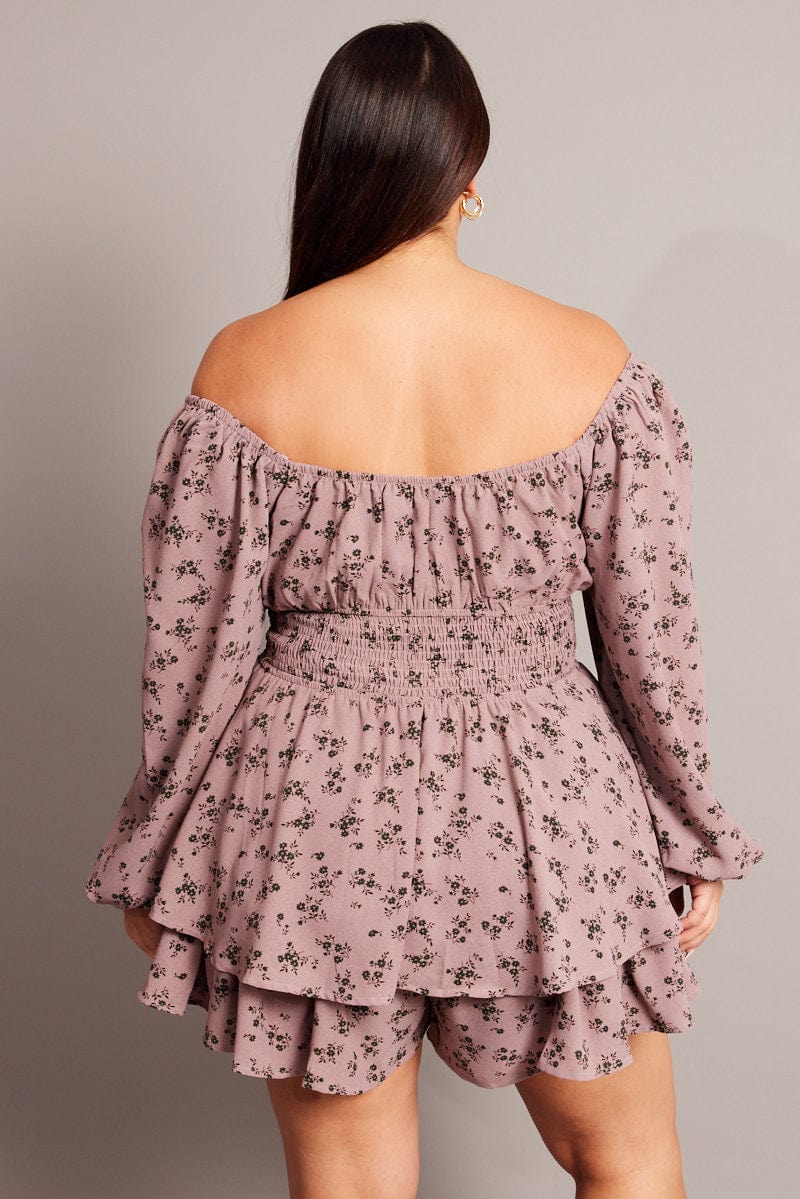 Purple Ditsy Ruffle Playsuit Long Sleeve - Image 5
